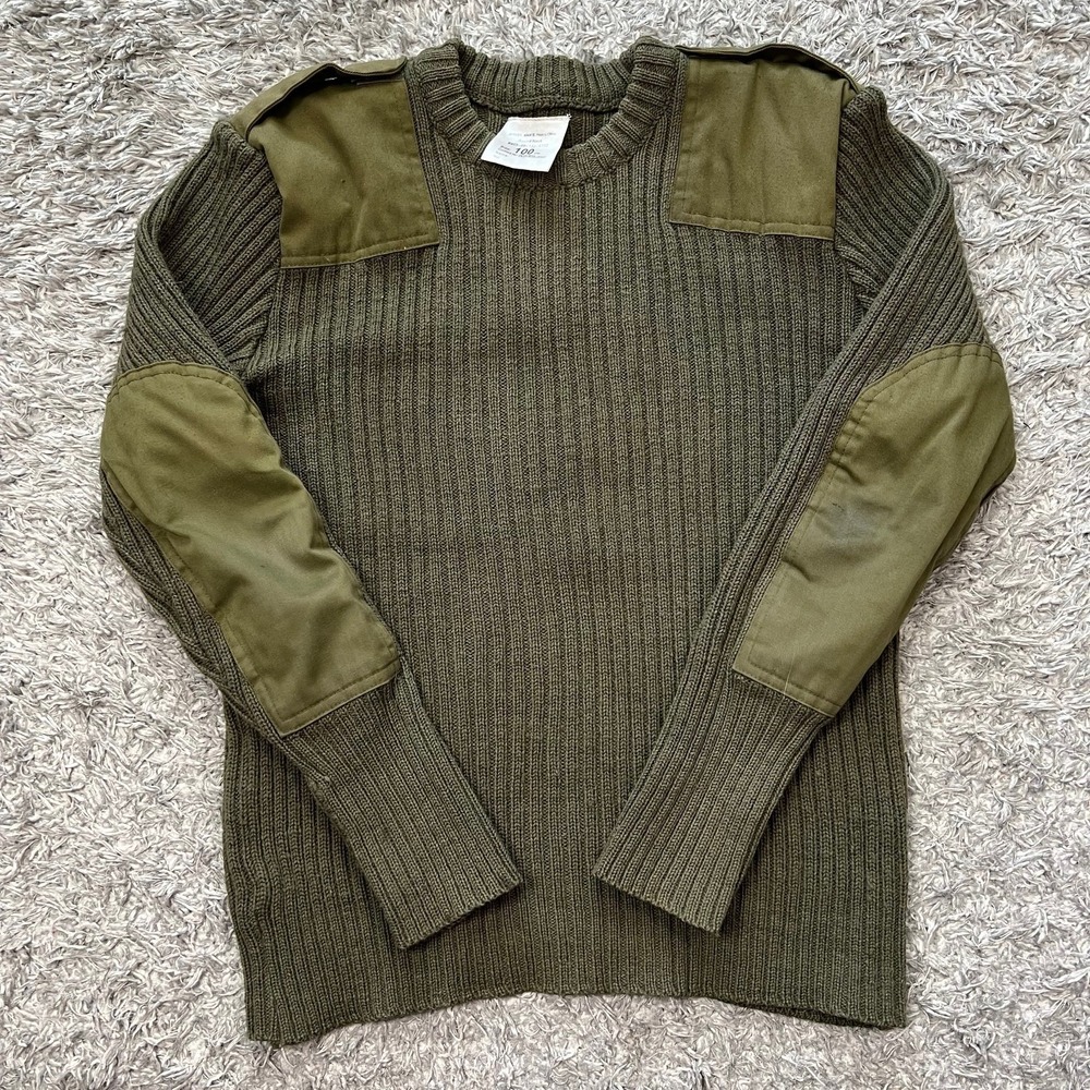Military Commando Sweater Olive Rib Knit Combat Epaulet Elbow Patch 100cm Small